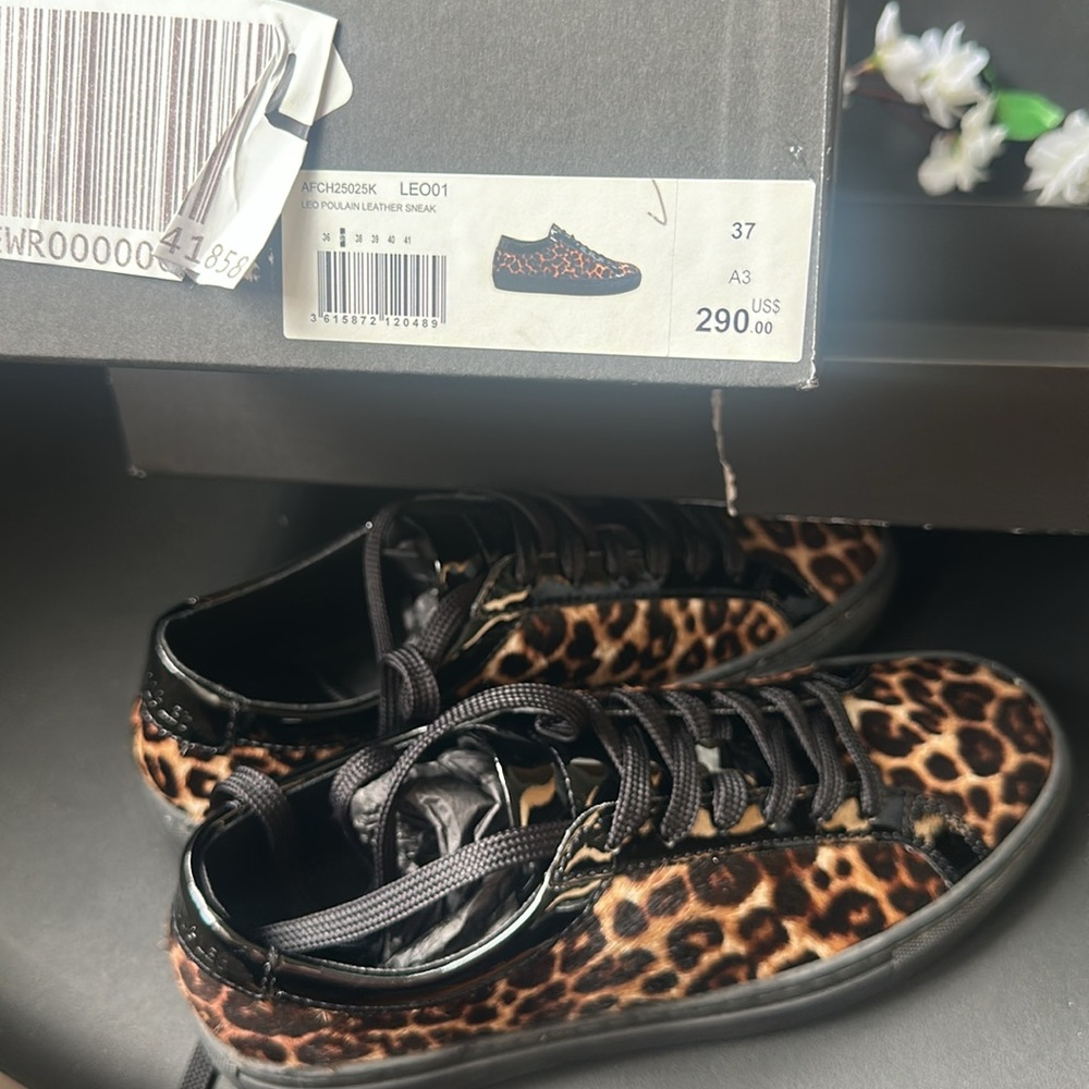 The Kooples Leo Poulain Leather Black& Brown Sneaker Leopard Print Calf Hair NWT - Picture 8 of 8